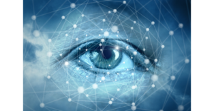 Imagem de um olho humano com a sobreposição de uma imagem azulada com vários pontos conectados entre si